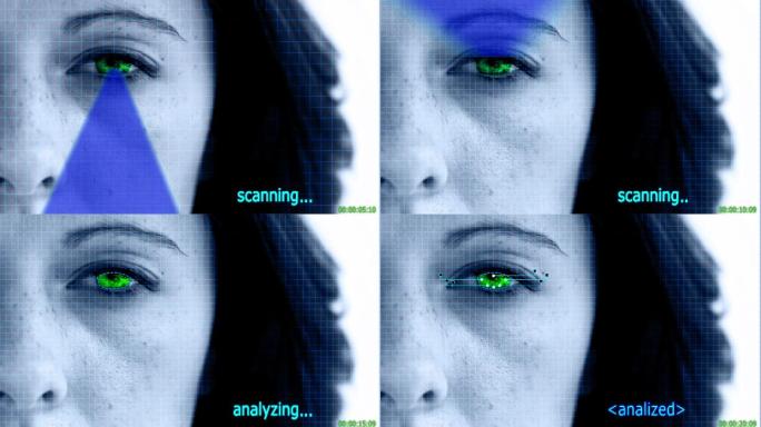 动画的眼睛扫描仪检查身份的女人在极端近距离