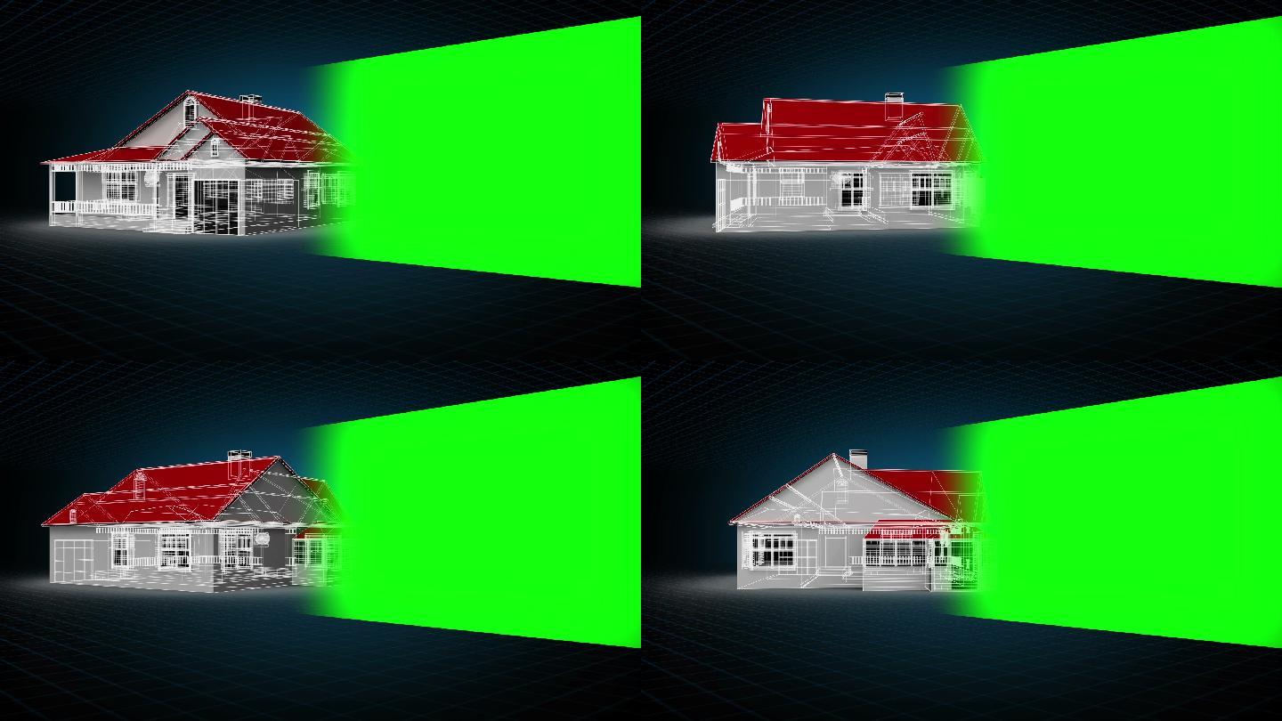 蒙太奇模型房子与色度键空间上的黑色背景