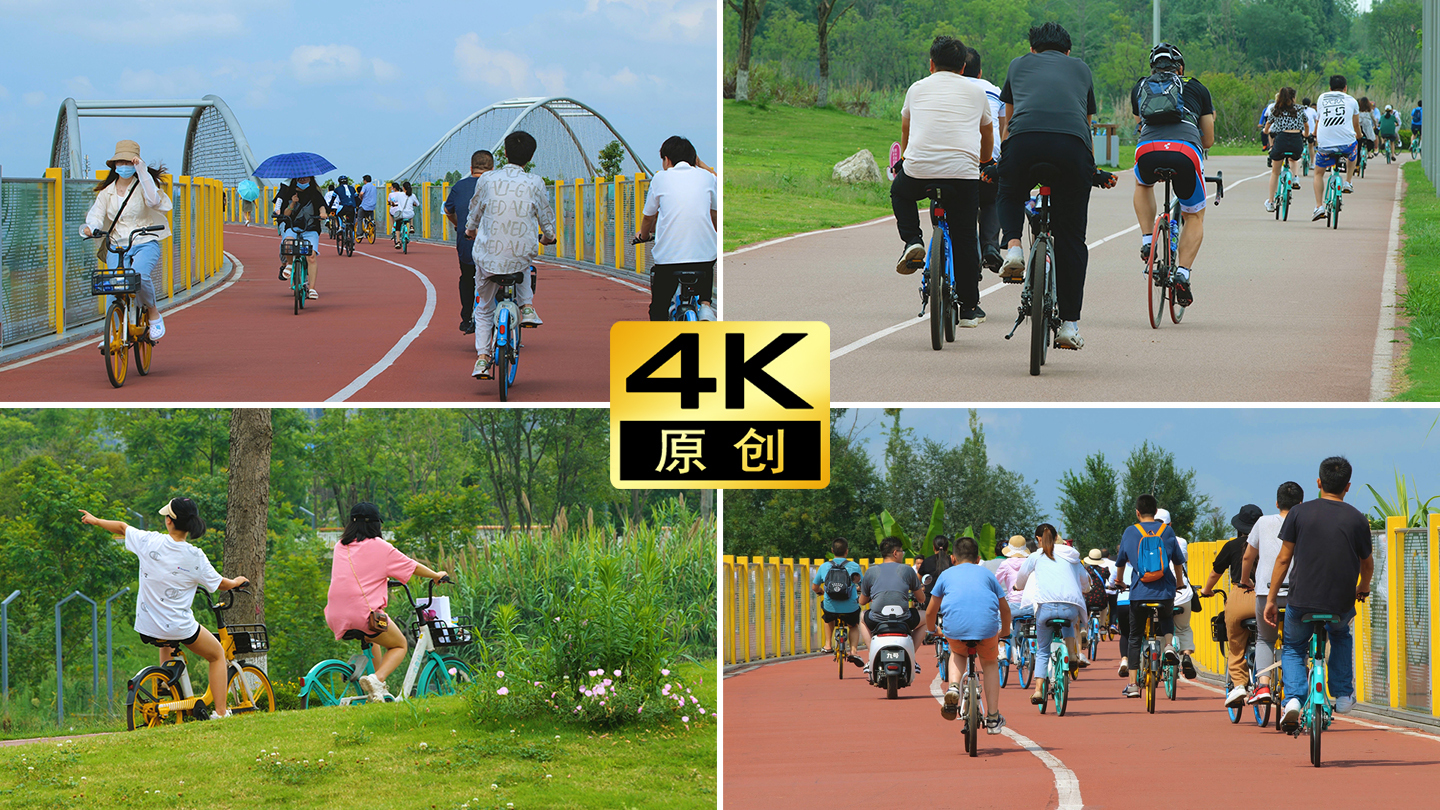人群骑自行车全民健身周末城市绿道人们骑行