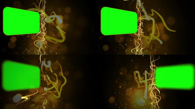 绿色屏幕的蒙太奇与抽象的金色线在黑色的背景