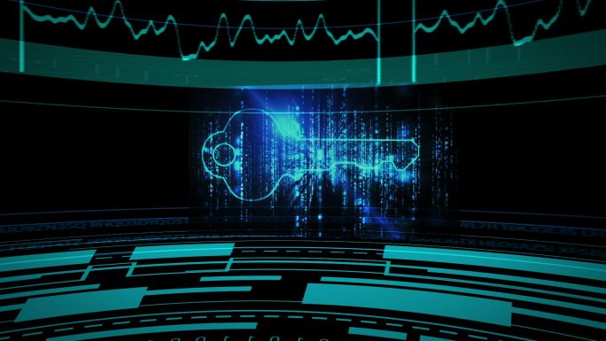 女商人展示旋转屏幕与计算机场景与男人的眼睛，锁和手扫描仪