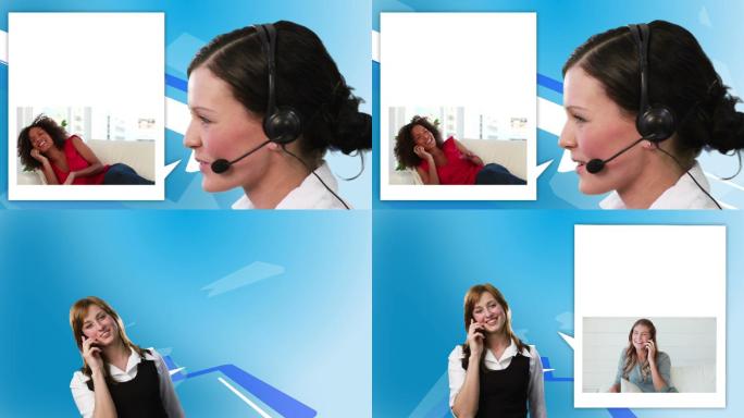 在蓝色背景下呼叫帮助中心的女性