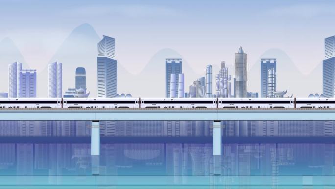 AE模板mg动画行驶列车高铁跨过大桥城市