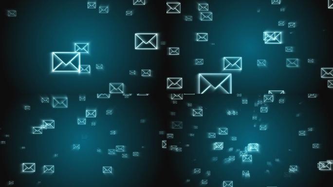 电子邮件信封的数字动画漂浮在蓝色的背景