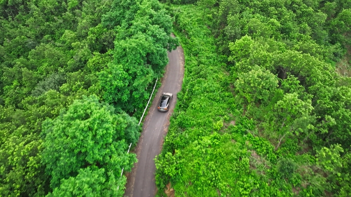 航拍森林公路电车环保低碳行驶