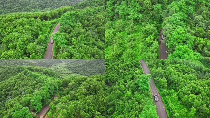 航拍森林公路电车环保低碳行驶