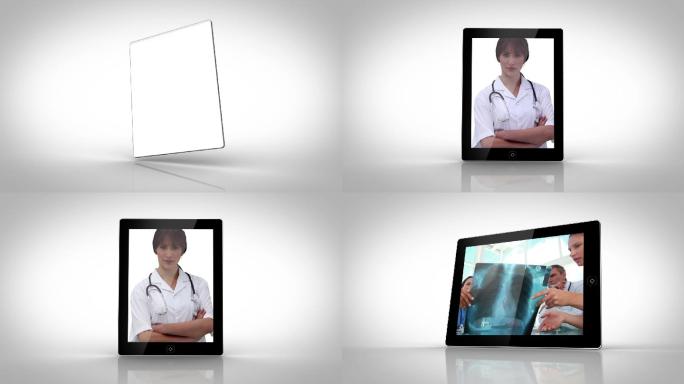 在白色背景上显示医生工作的平板电脑