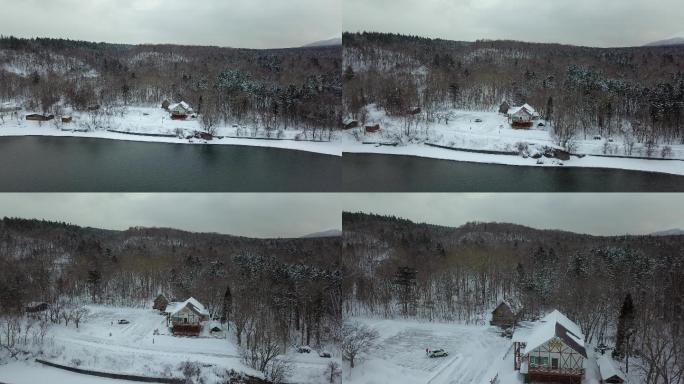 原创 日本北海道支笏湖岸冬天森林雪景航拍