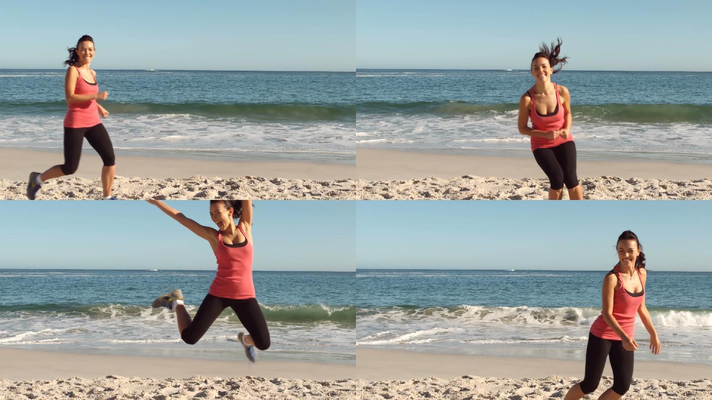 女人穿着运动服在沙滩上锻炼特写