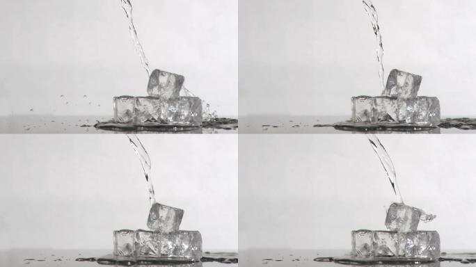 水打在冰块上特写特写拍摄水柱高清