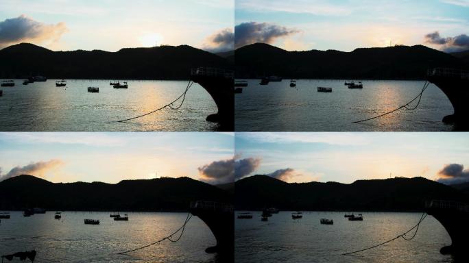 航拍渔船出海 夕阳下的渔船