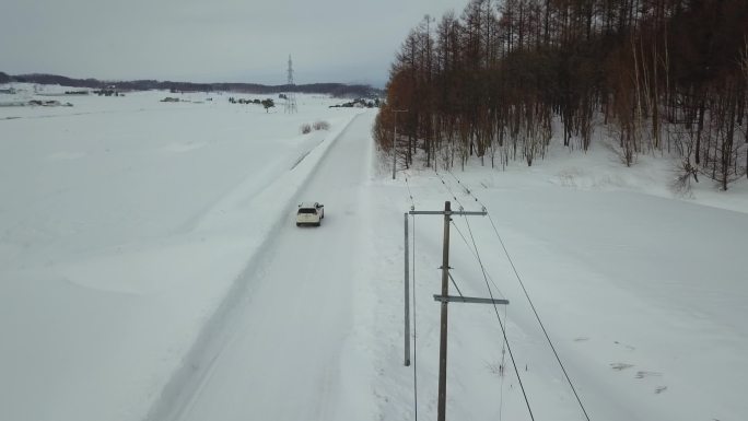 原创 日本北海道雪原公路自驾游风光航拍