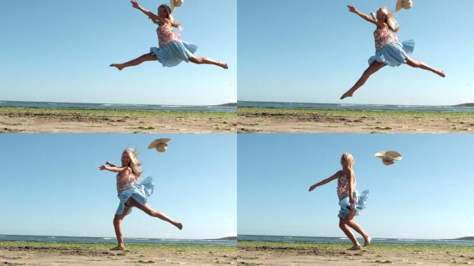 迷人的金发女郎在海滩上做芭蕾跳慢动作