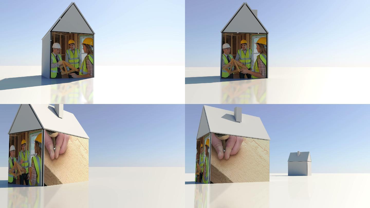 建筑和建筑蒙太奇呈现在3d房屋插图