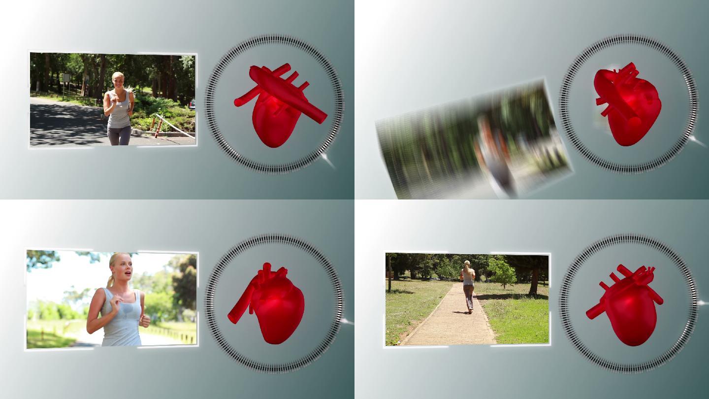 灰色背景上心脏和女人锻炼视频动画特效
