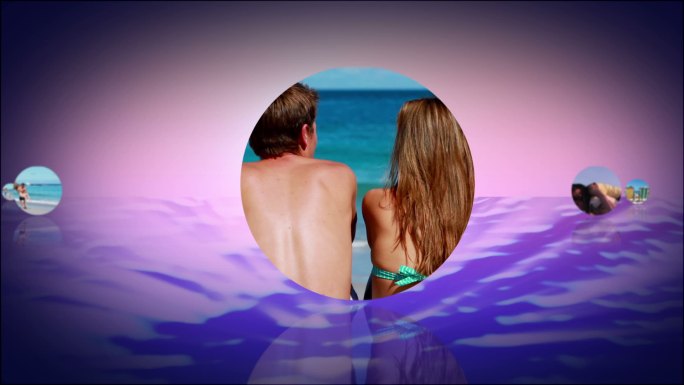 浪漫的蒙太奇夫妇在海滩上出现在紫色的水在泡沫