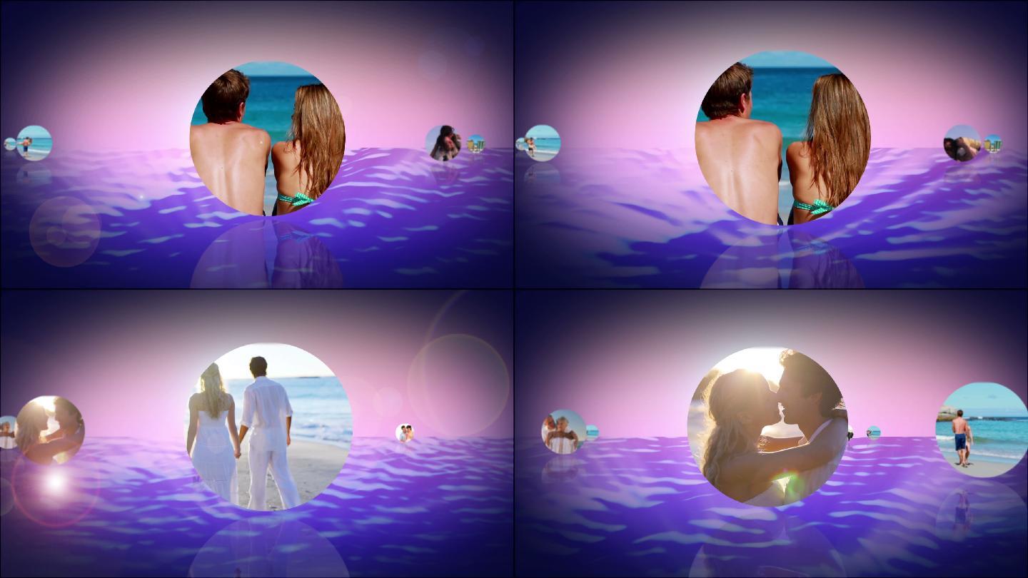 浪漫的蒙太奇夫妇在海滩上出现在紫色的水在泡沫
