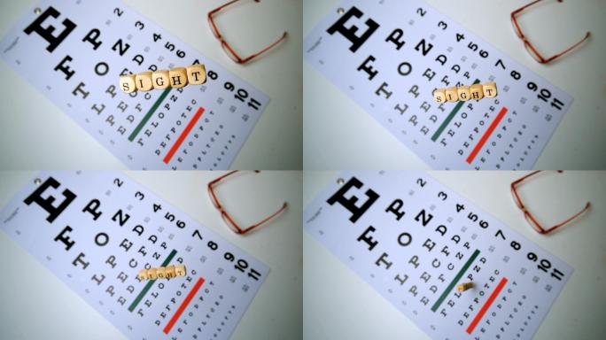 视力英文积木掉到眼睛测试表上特写