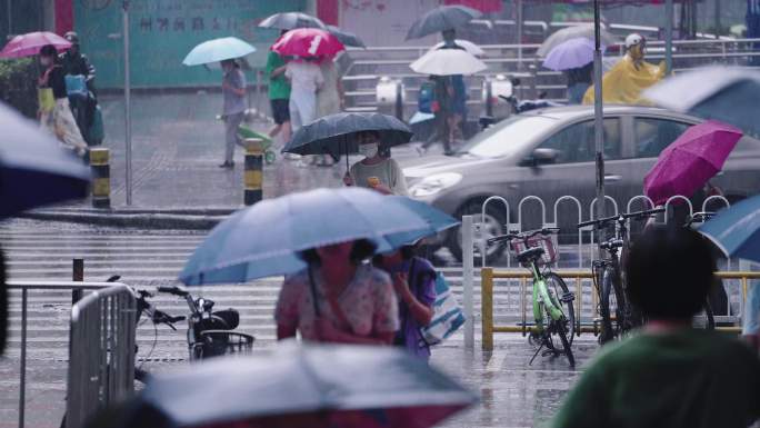 下雨城市行人暴雨大雨下雨城市行人台风人文