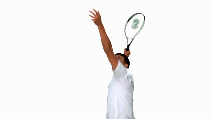 男人在白色背景下练习打网球特写
