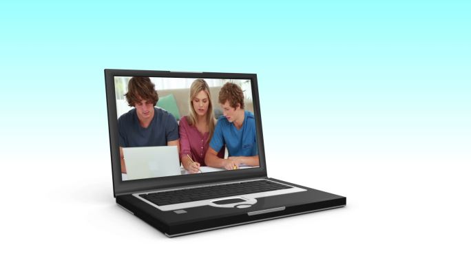 年轻人在蓝色背景下的笔记本电脑上的动画