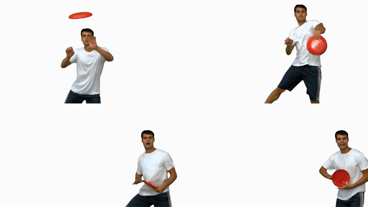 在白屏上的慢镜头中，一个男子正在跳跃并抓住一个飞盘