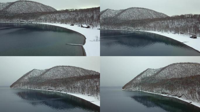 原创 日本北海道支笏湖岸冬天森林雪景航拍