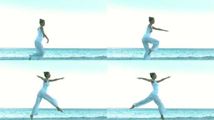 在海滩上跳舞的女人用慢镜头