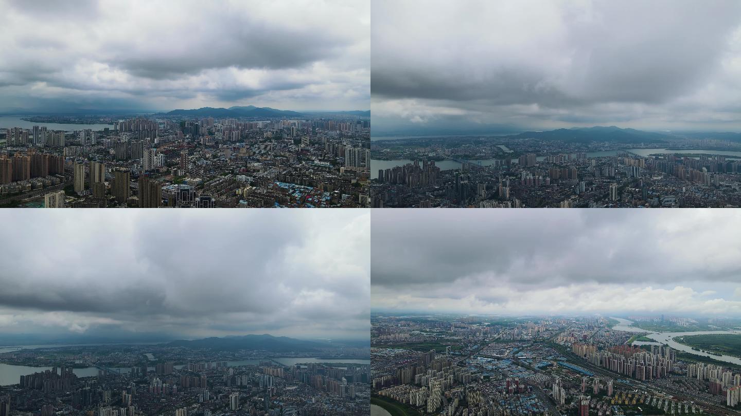 乌云密布下的城市航拍空镜头