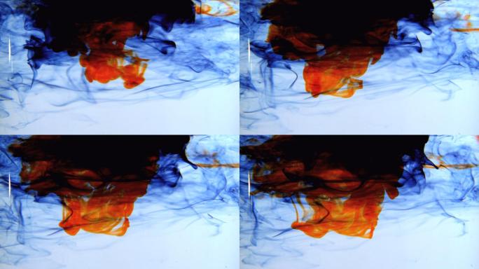 蓝橙和黑墨在水中慢动作旋转动画特效