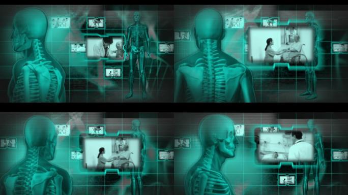 数字网格背景上旋转的人体3D动画特效