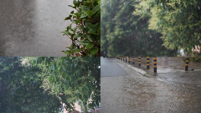 暴雨中行走的人和雨水空镜