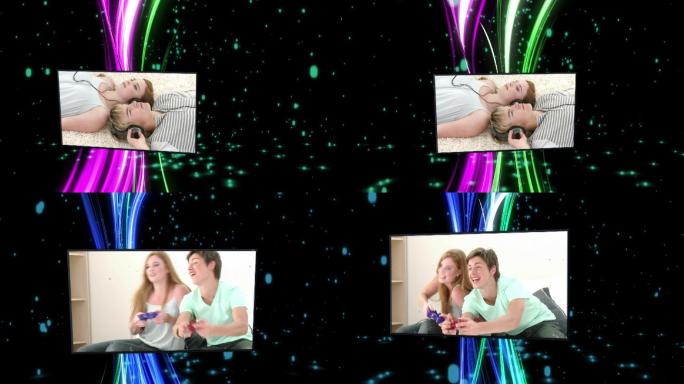 年轻人在黑、绿、紫银河背景上使用科技的蒙太奇