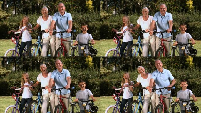 一家人一起在公园骑自行车特写