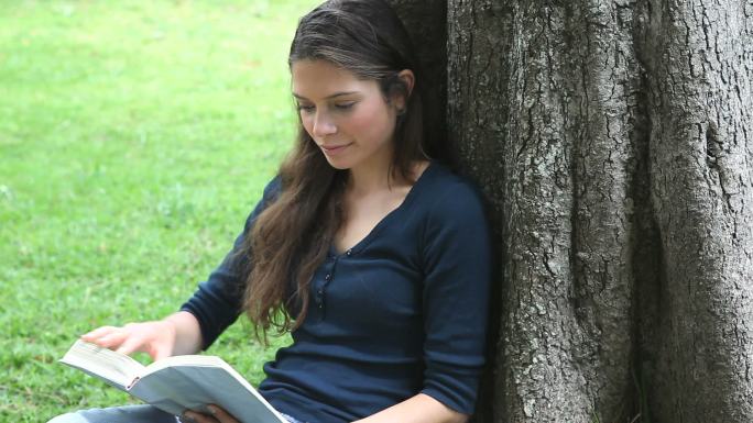 一个女人坐在树下看书特写