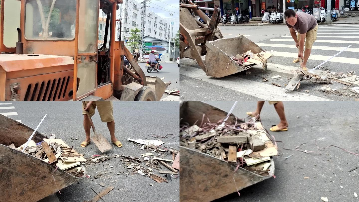 环卫工人清理丢弃在街道卫生垃圾垃圾车街上
