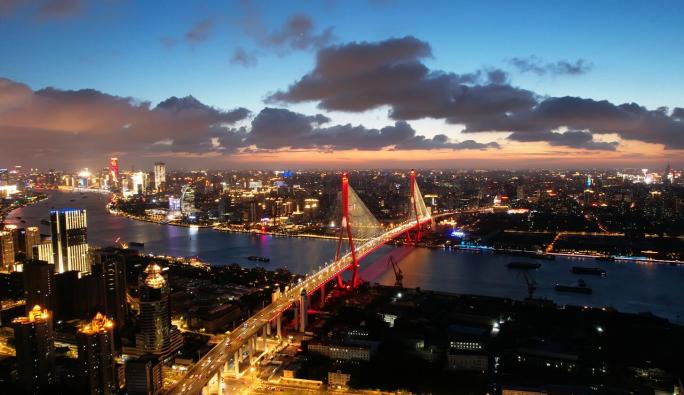 5K航拍上海杨浦大桥夜景延时