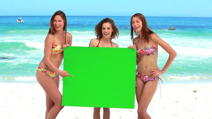 朋友们在沙滩上拿着一块绿色板子特写