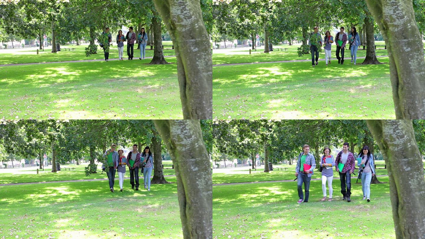 快乐的学生们走在大学校园的草地上