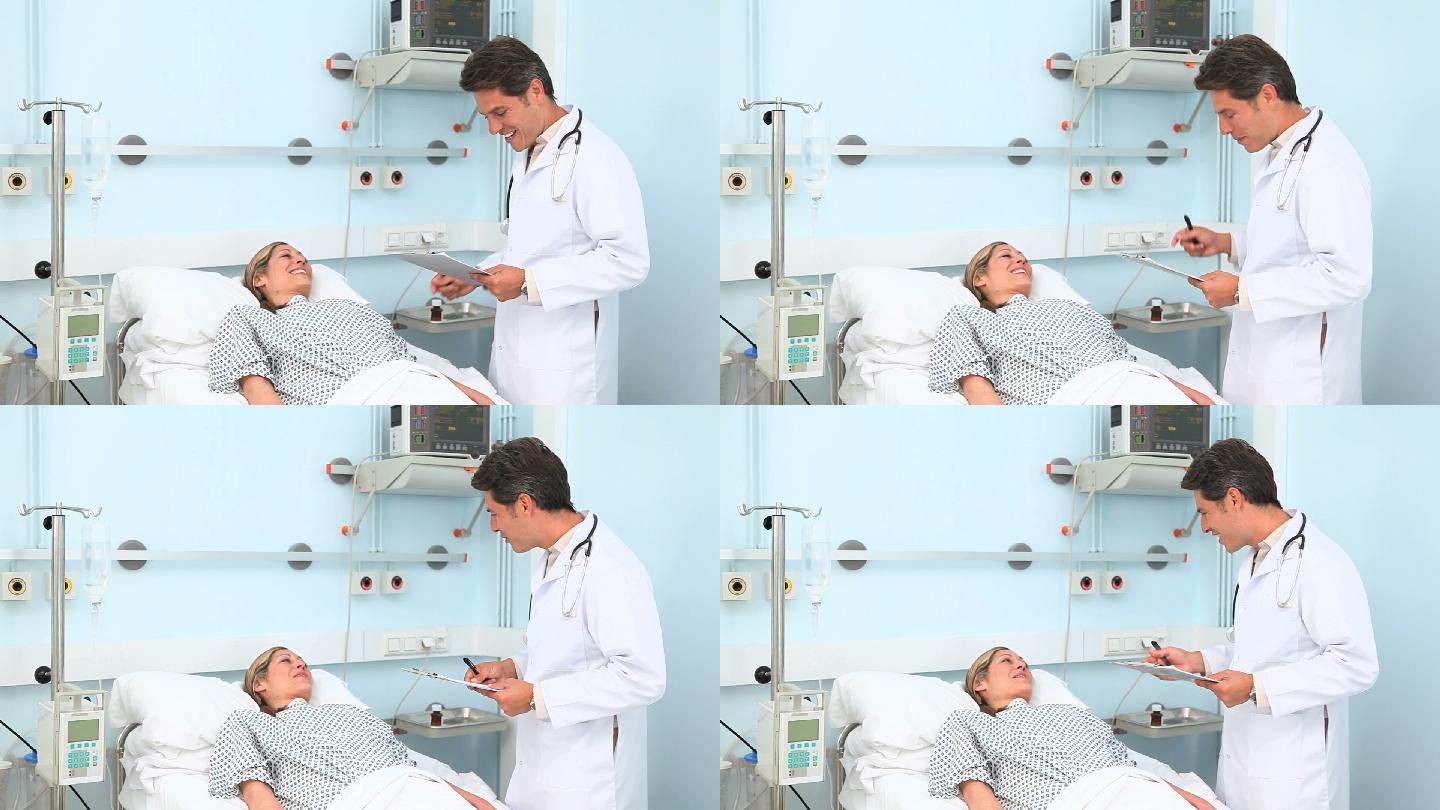 医生在病房里与病人交谈特写