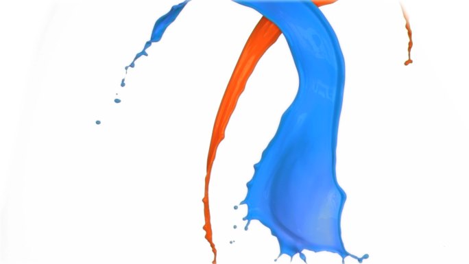 橙色和蓝色颜料在超级慢动作泼洒在白色背景