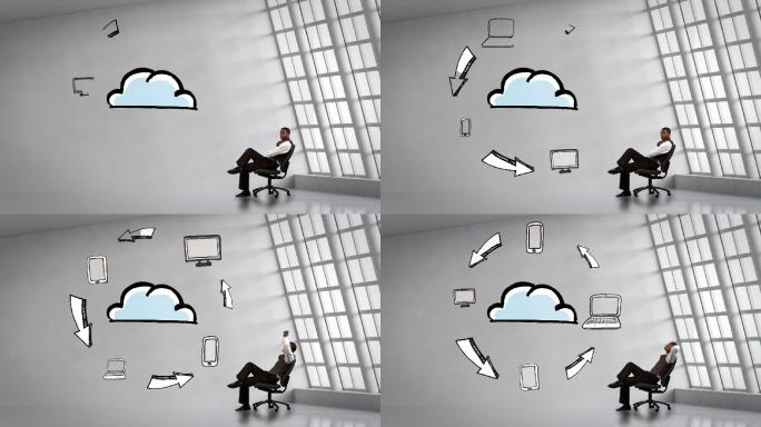 商人坐在旁边的动画电子设备绕云在明亮的房间