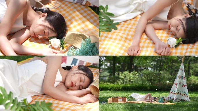 女生在草地上睡觉唯美镜头