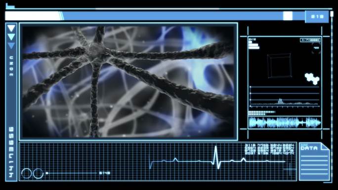 医学数字接口显示蓝色神经元通过神经系统的蓝色和黑色脉冲