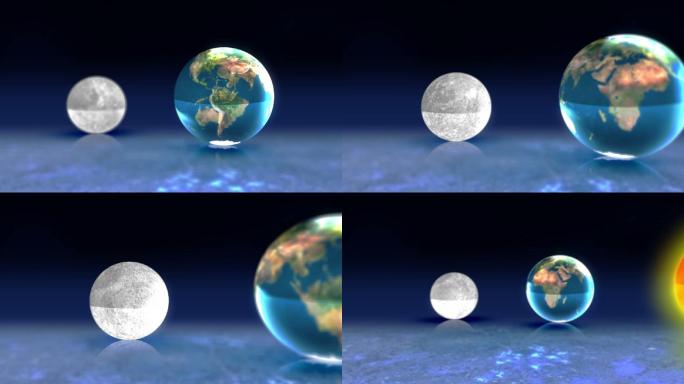 旋转地球，月亮和太阳在蓝色背景的动画