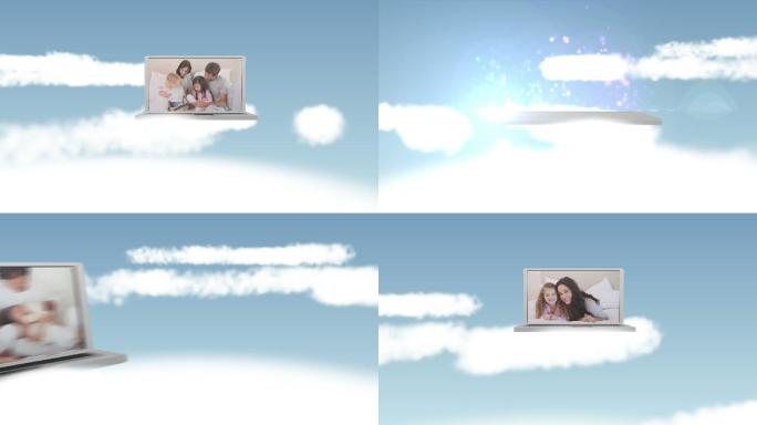 天空中电脑播放一家人生活动画特效