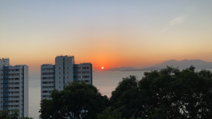 建筑物, 树木, 海上日落延时拍摄