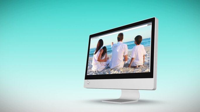 在电脑屏幕上播放假日海滩的动画视频