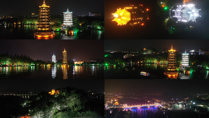 4K航拍桂林城市夜景日月双塔两江四湖