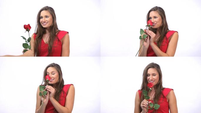 一个开心的女人收到玫瑰的视频